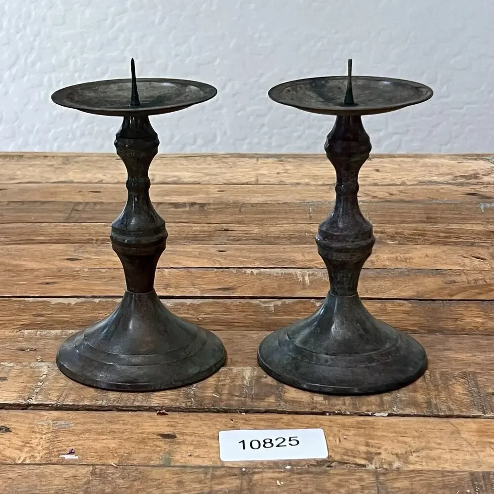 Vintage Brass Pillar Candle Holders Set of 2 Turned Stem Design